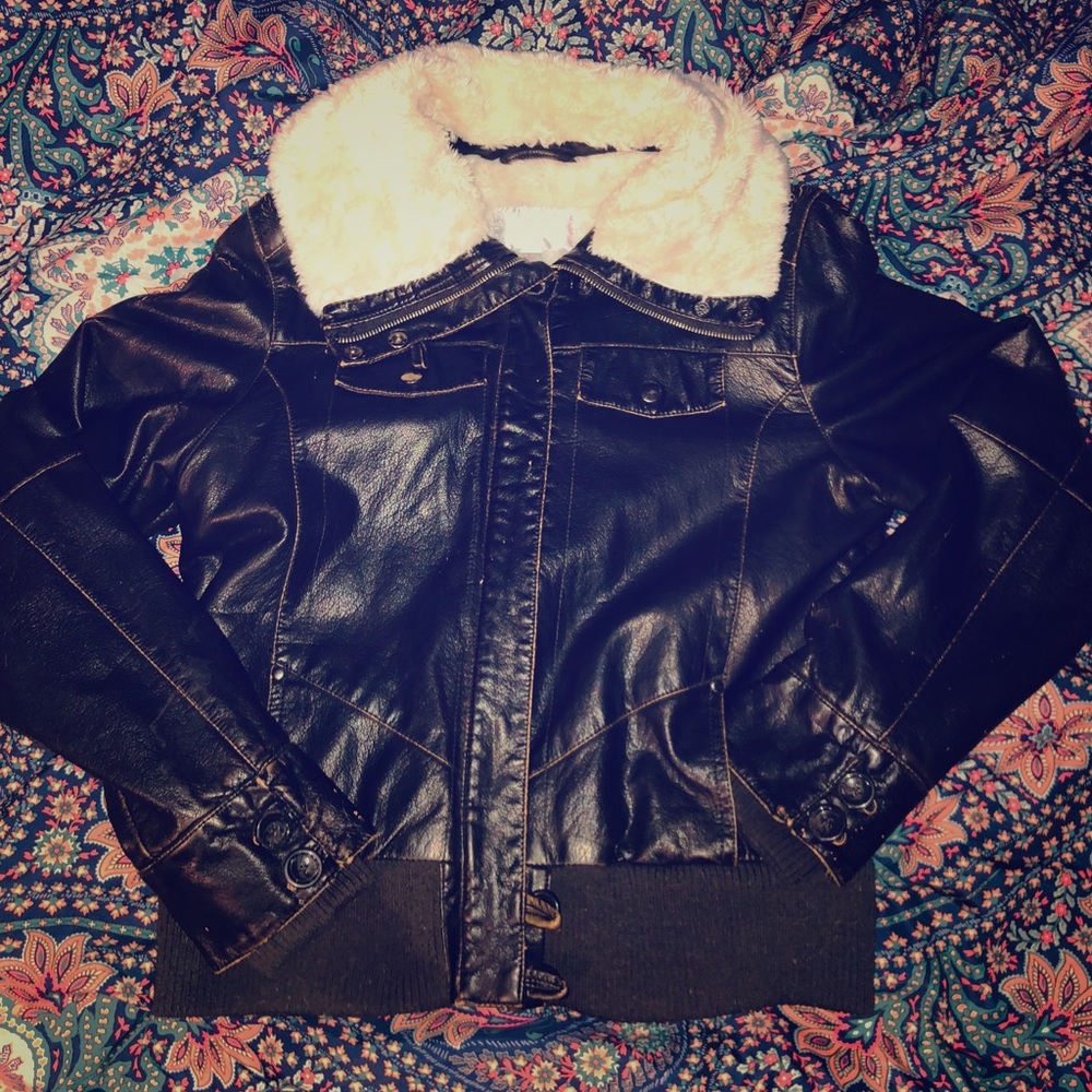 Black-brown fur lined leather material jacket